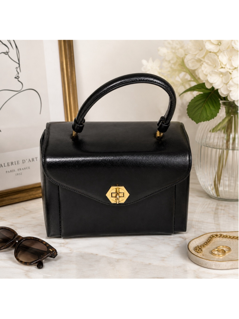 Vintage Garay Black Structured Top Handle Handbag Retro Minimalist - Picture 2 of 12